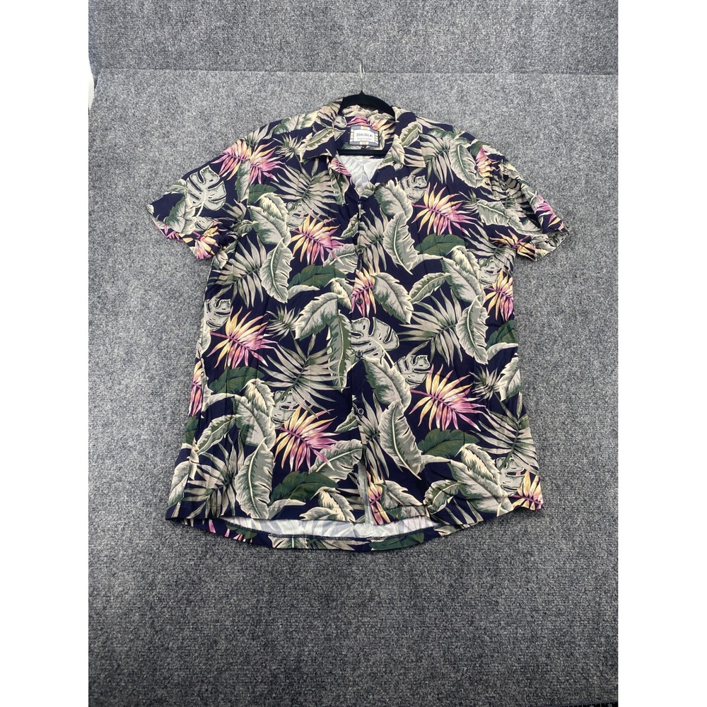 SikSilk Tropical Palm Floral Button Down Shirt Mens XL Navy Pink Short Sleeve XL